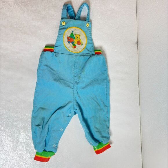 Health-tex Vintage 80s Blue Yellow Bear Bib Overalls 24 Months Corduroy - Picture 5 of 12
